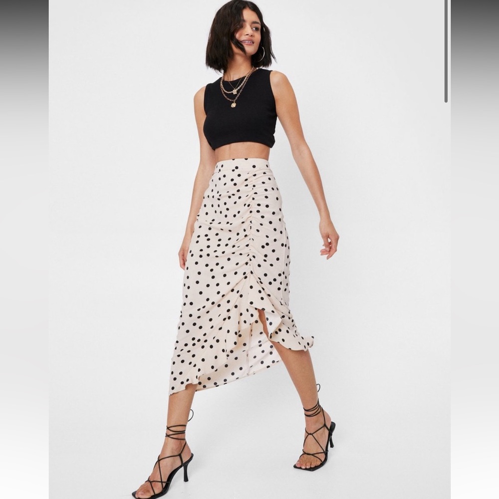 Nasty Gal High Waisted Spotty Ruched Midi Skirt
